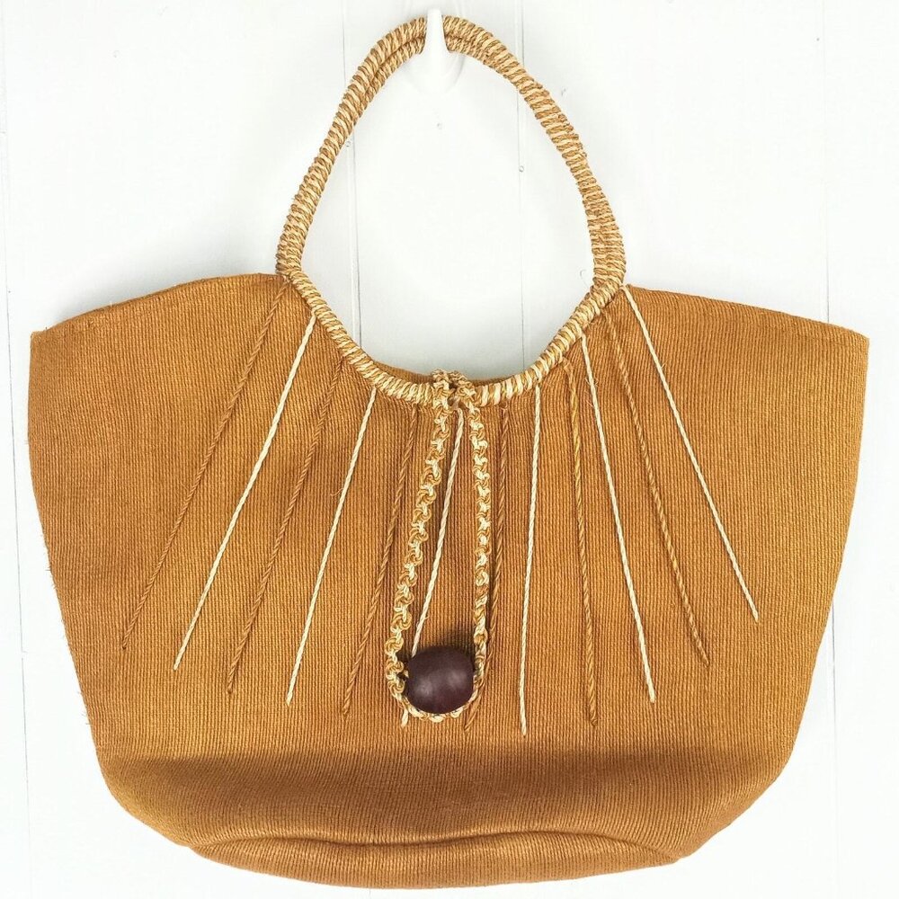 Large Jute Tote Bag With Rope Handles & Wooden Bead Detail